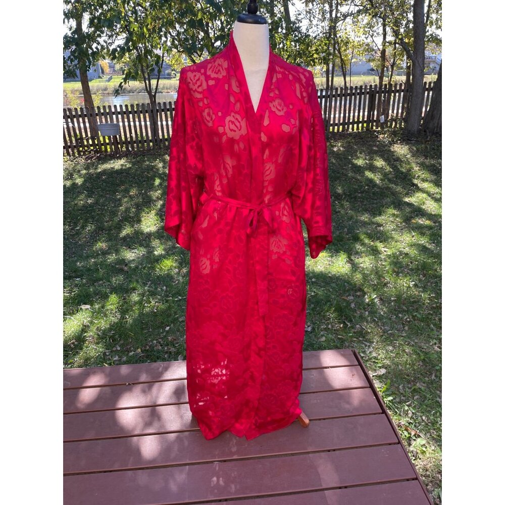 Victorias Secret Gold Label Red Floral Sheer Kimono Robe M/L Polyester Belted